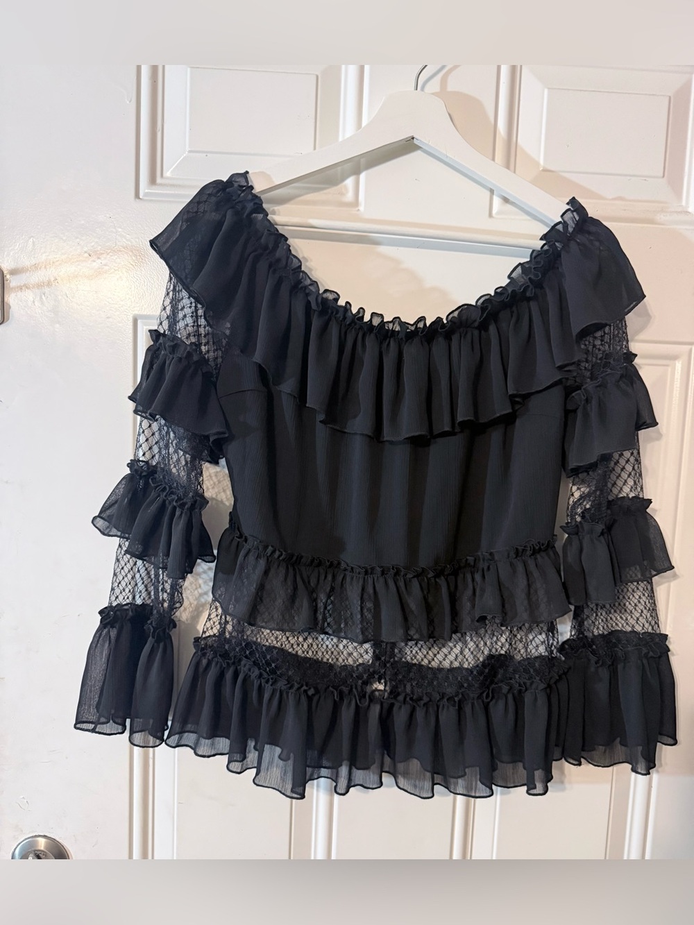 Lulumari Black Ruffle Off-Shoulder Mesh Sleeve Blouse - Picture 2 of 8